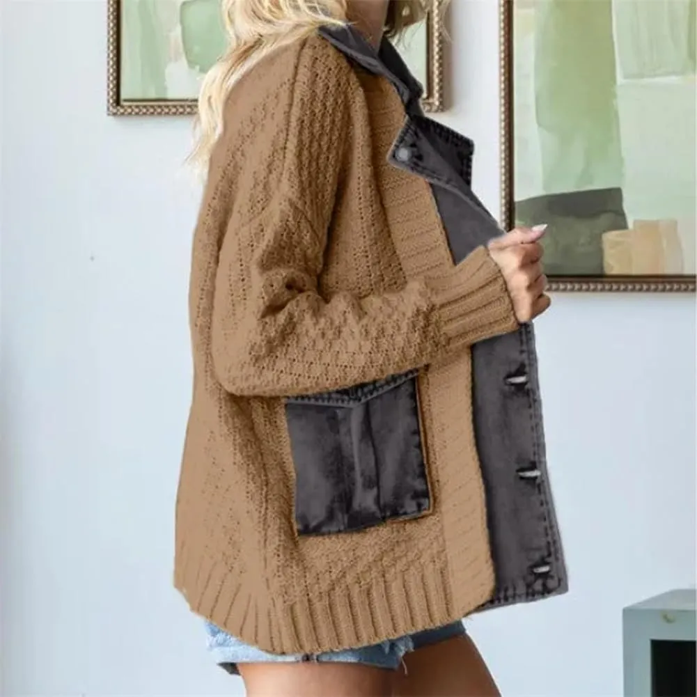 The Denim Cardigan with Pockets Autumn Long Denim Knit Cardigan Sweaters for Women Splicing Denim Contrast Color
