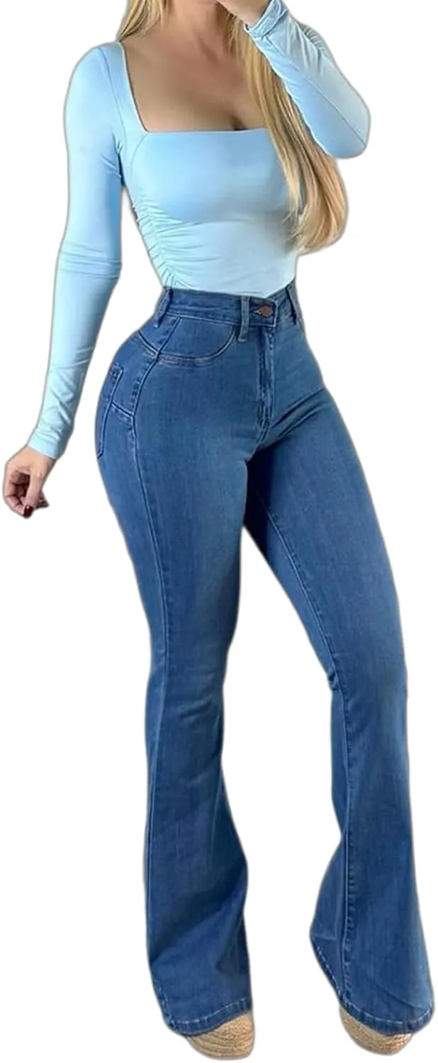 TodTan Women's Ripped Jeans High Waisted Bell Bottom Jeans Hem Destroyed Denim Pants