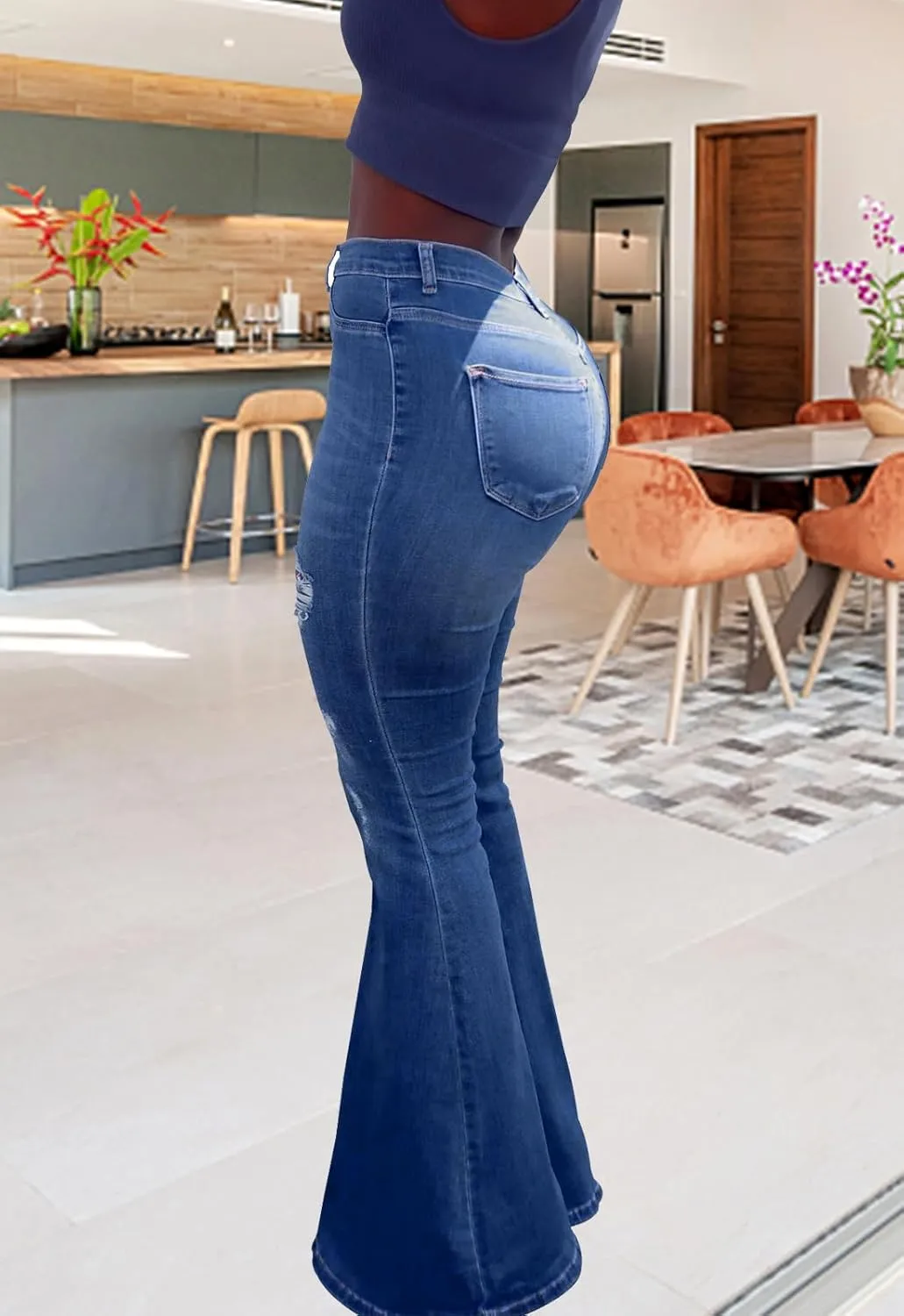 TodTan Women's Ripped Jeans High Waisted Bell Bottom Jeans Hem Destroyed Denim Pants