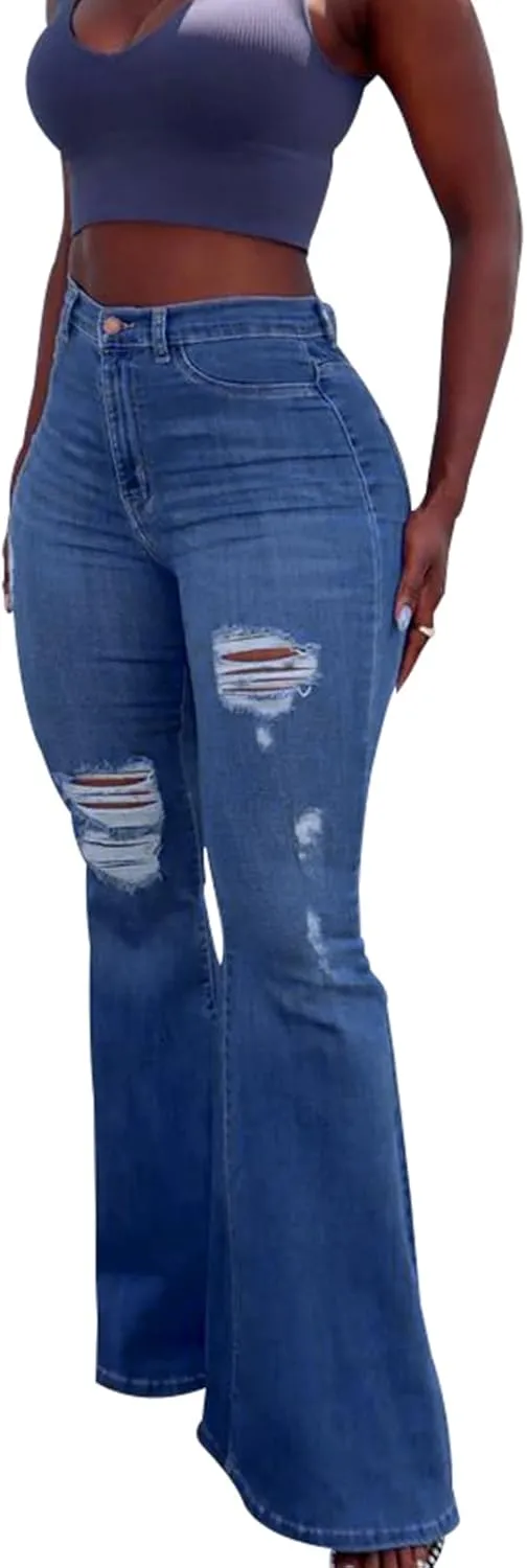 TodTan Women's Ripped Jeans High Waisted Bell Bottom Jeans Hem Destroyed Denim Pants