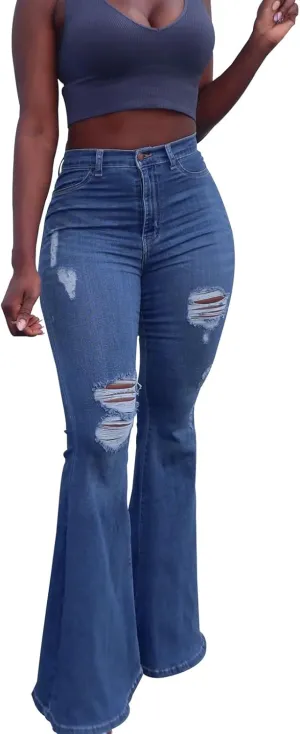 TodTan Women's Ripped Jeans High Waisted Bell Bottom Jeans Hem Destroyed Denim Pants