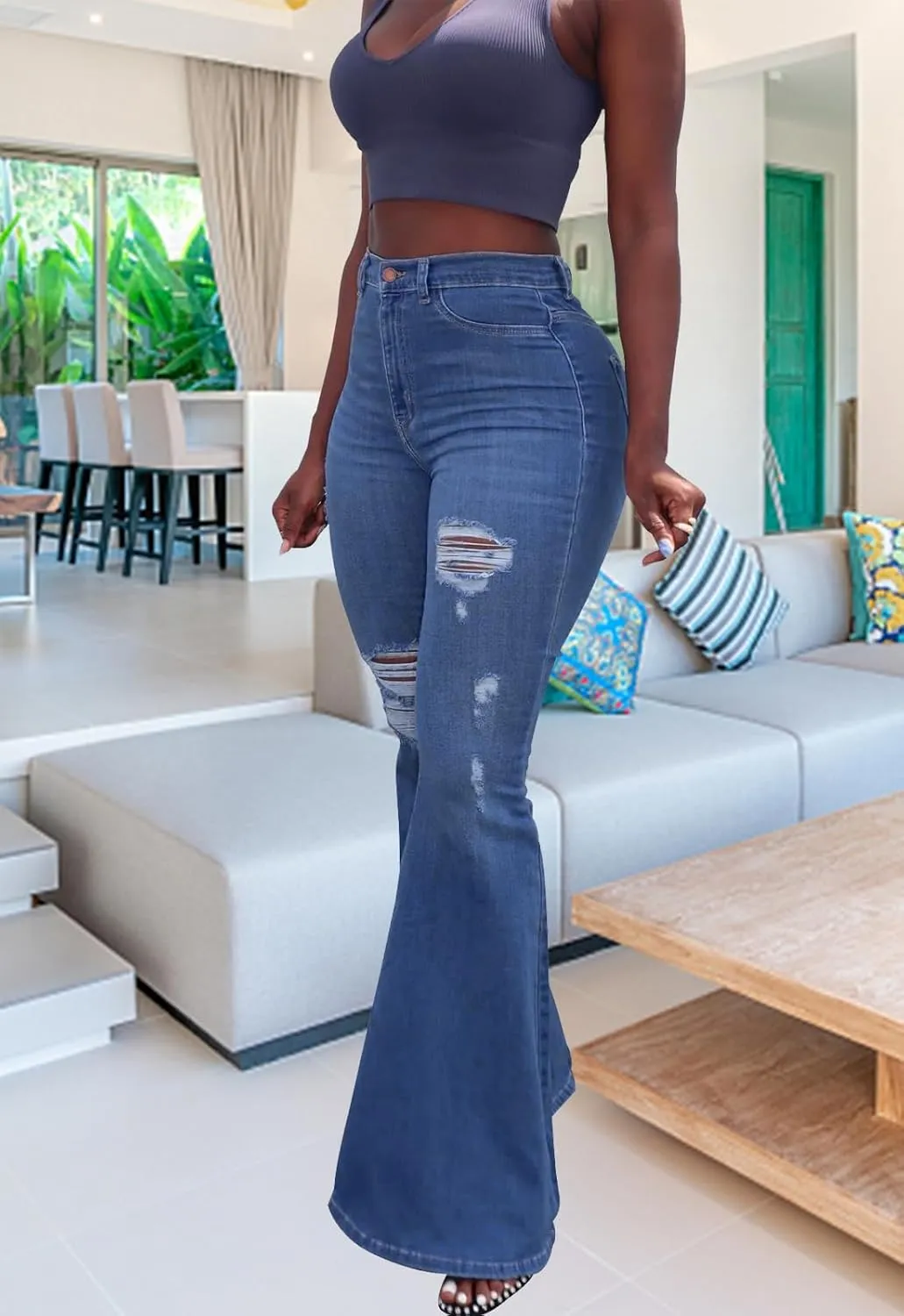 TodTan Women's Ripped Jeans High Waisted Bell Bottom Jeans Hem Destroyed Denim Pants