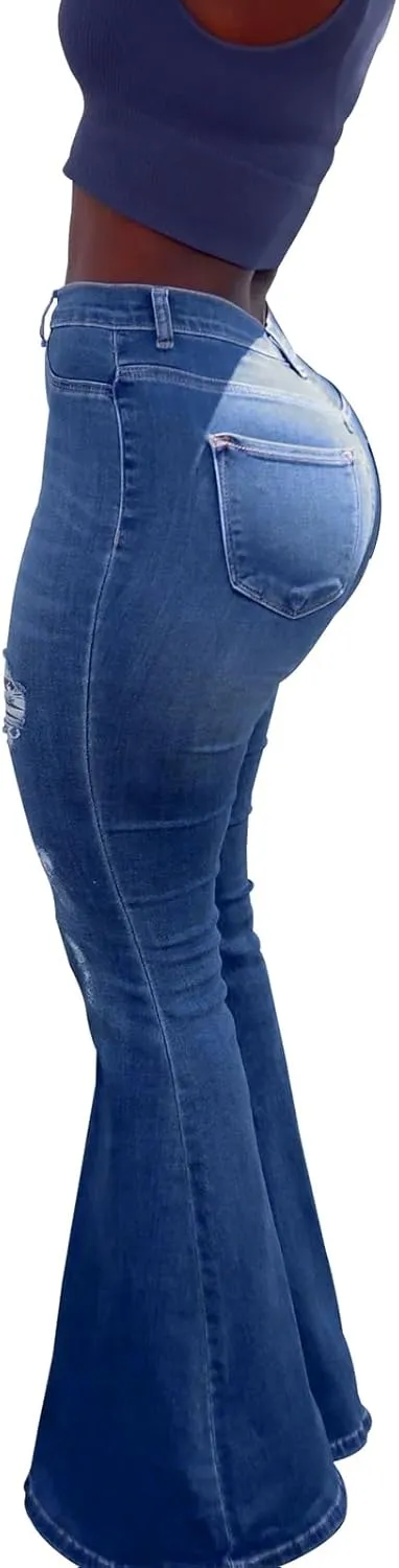 TodTan Women's Ripped Jeans High Waisted Bell Bottom Jeans Hem Destroyed Denim Pants