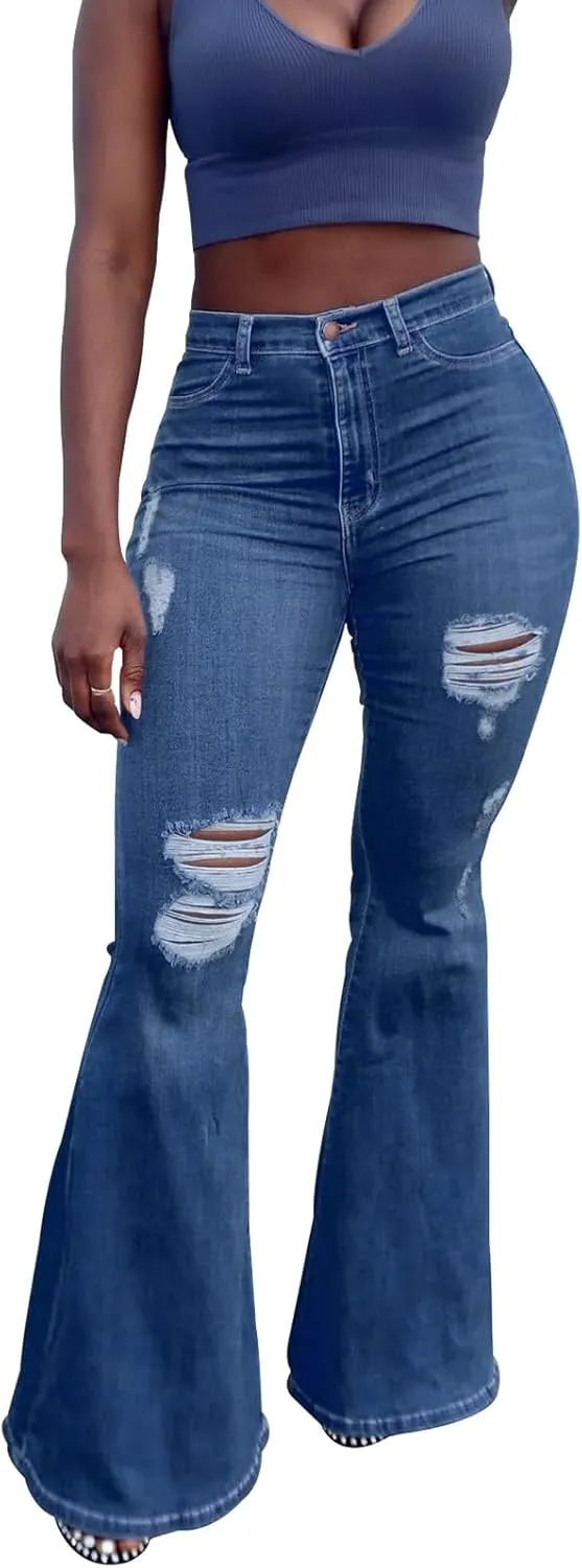 TodTan Women's Ripped Jeans High Waisted Bell Bottom Jeans Hem Destroyed Denim Pants