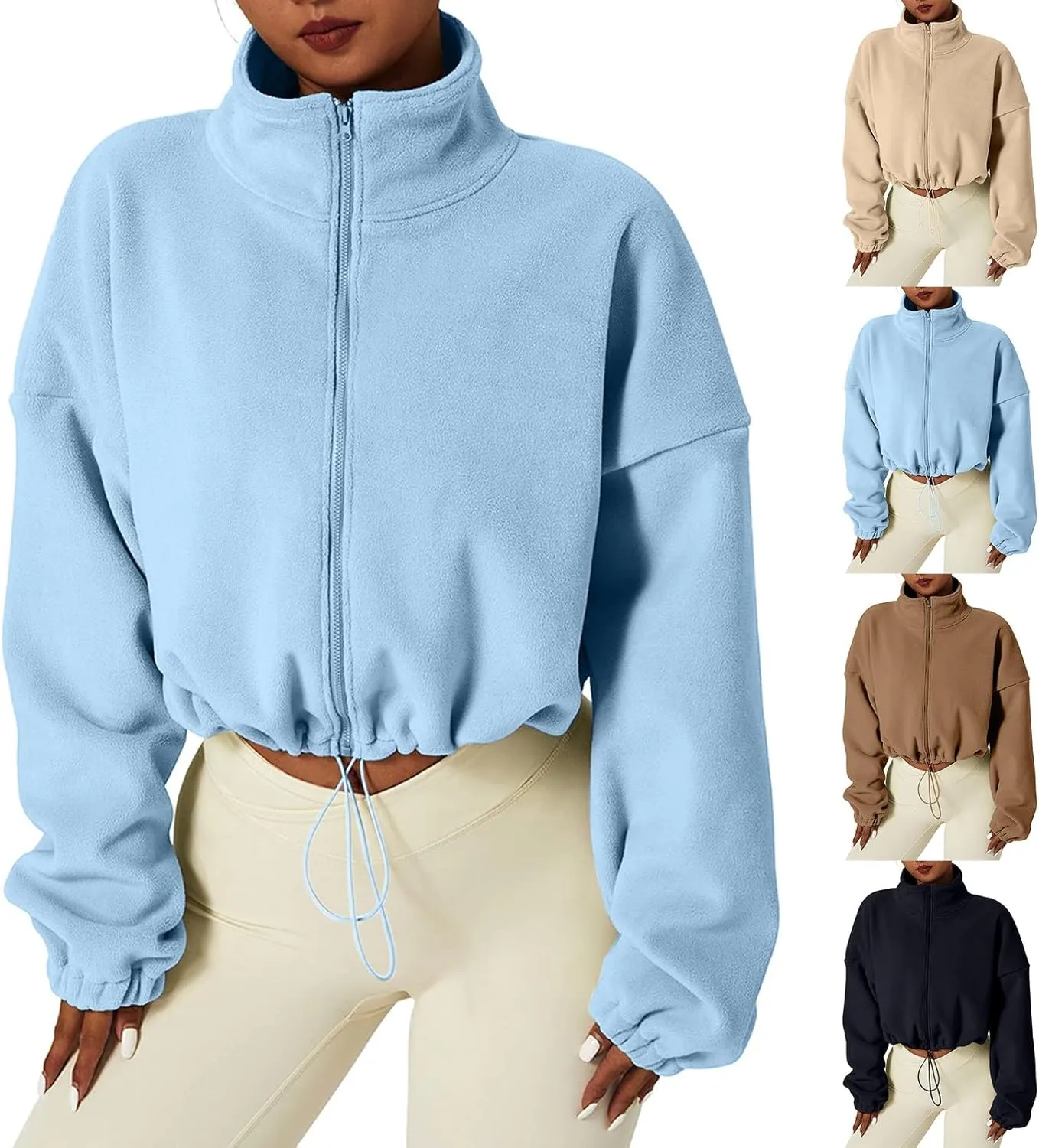 TUQIDEWU Womens Sweatshirt, Women's Full Zip Fleece Short Jacket Warm Winter Long Sleeve Stand Collar Sherpa Cropped Coats