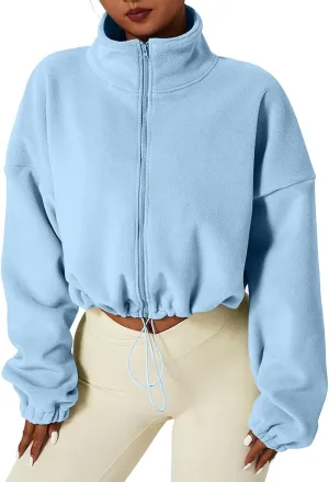 TUQIDEWU Womens Sweatshirt, Women's Full Zip Fleece Short Jacket Warm Winter Long Sleeve Stand Collar Sherpa Cropped Coats