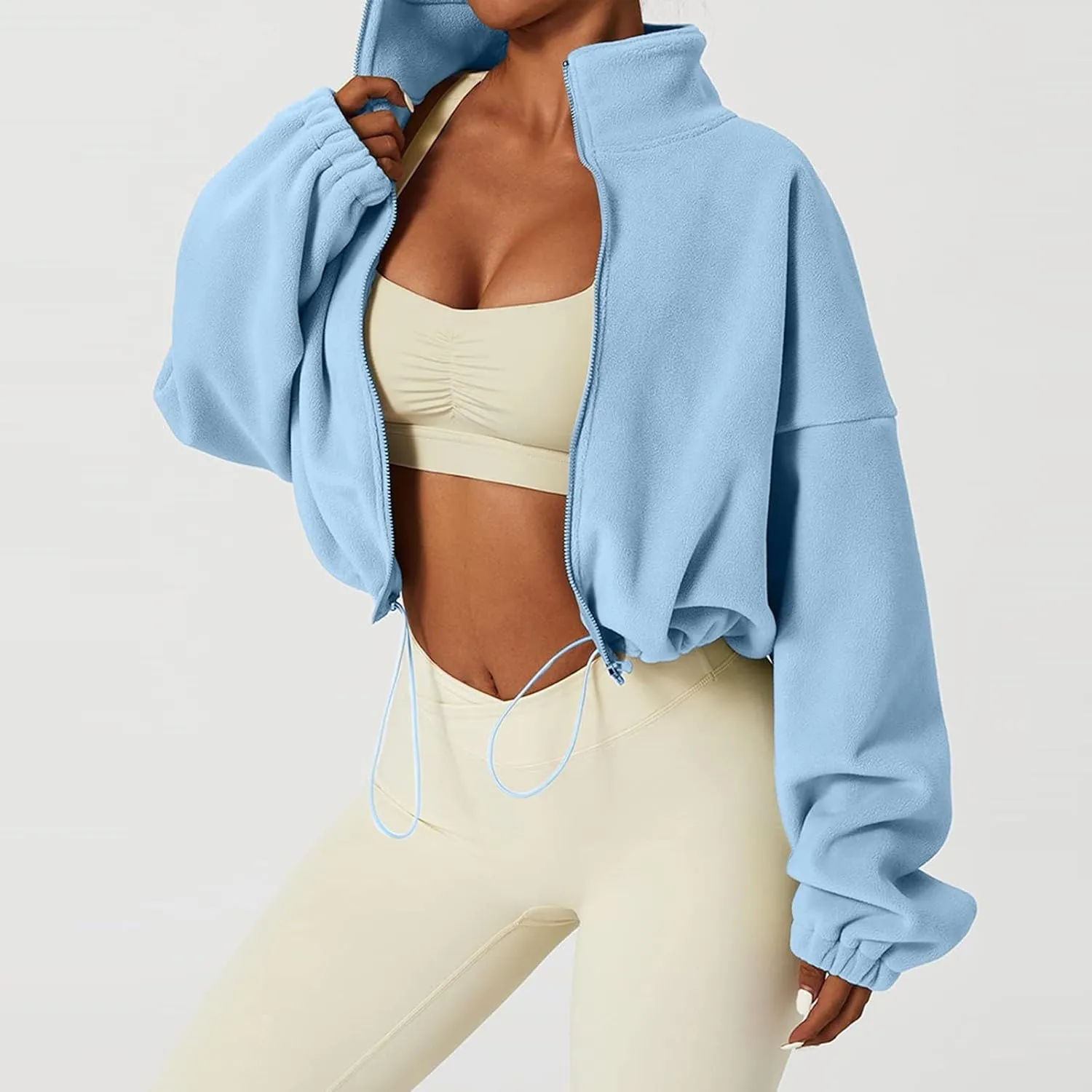 TUQIDEWU Womens Sweatshirt, Women's Full Zip Fleece Short Jacket Warm Winter Long Sleeve Stand Collar Sherpa Cropped Coats