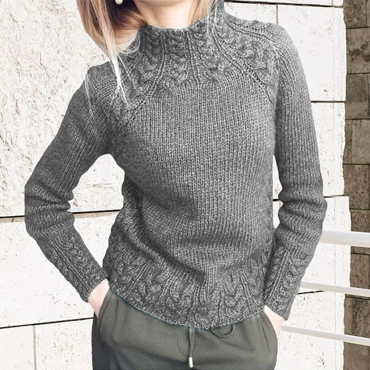 Turtleneck Sweater Women Vintage Cable Knitted Sweaters Long Sleeve Casual Pullover Sweaters