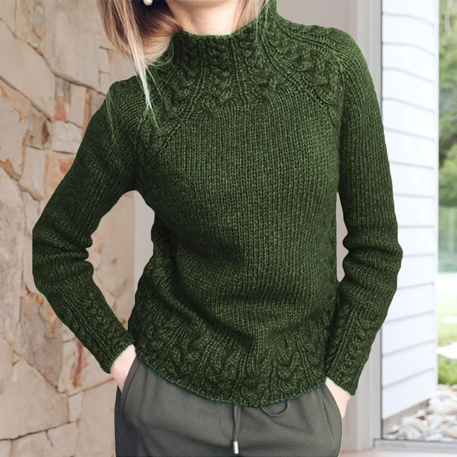 Turtleneck Sweater Women Vintage Cable Knitted Sweaters Long Sleeve Casual Pullover Sweaters