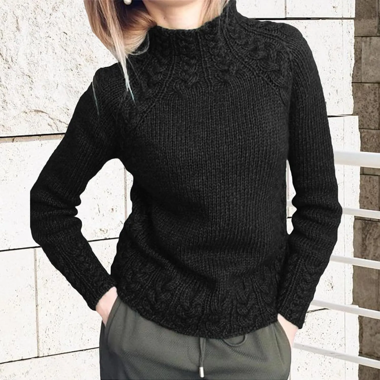 Turtleneck Sweater Women Vintage Cable Knitted Sweaters Long Sleeve Casual Pullover Sweaters