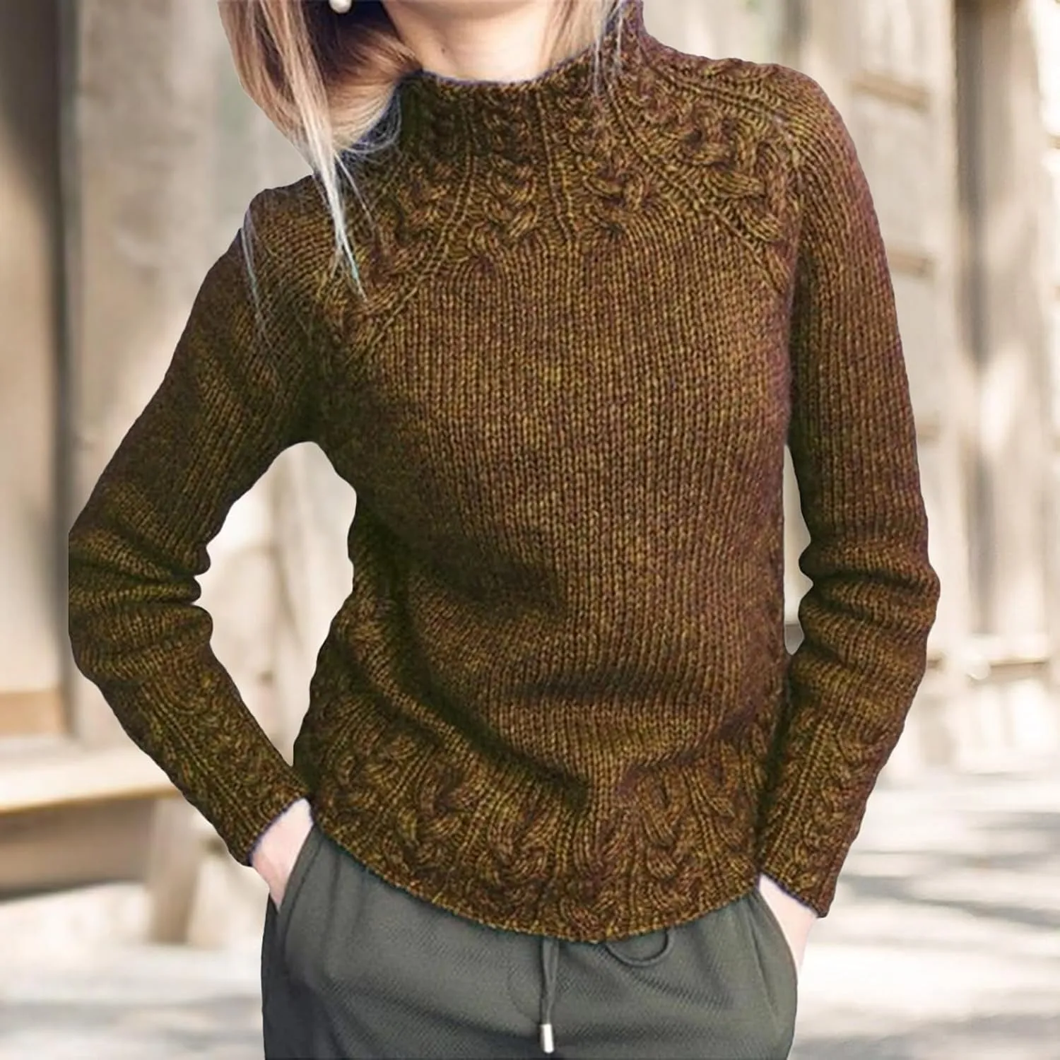 Turtleneck Sweater Women Vintage Cable Knitted Sweaters Long Sleeve Casual Pullover Sweaters