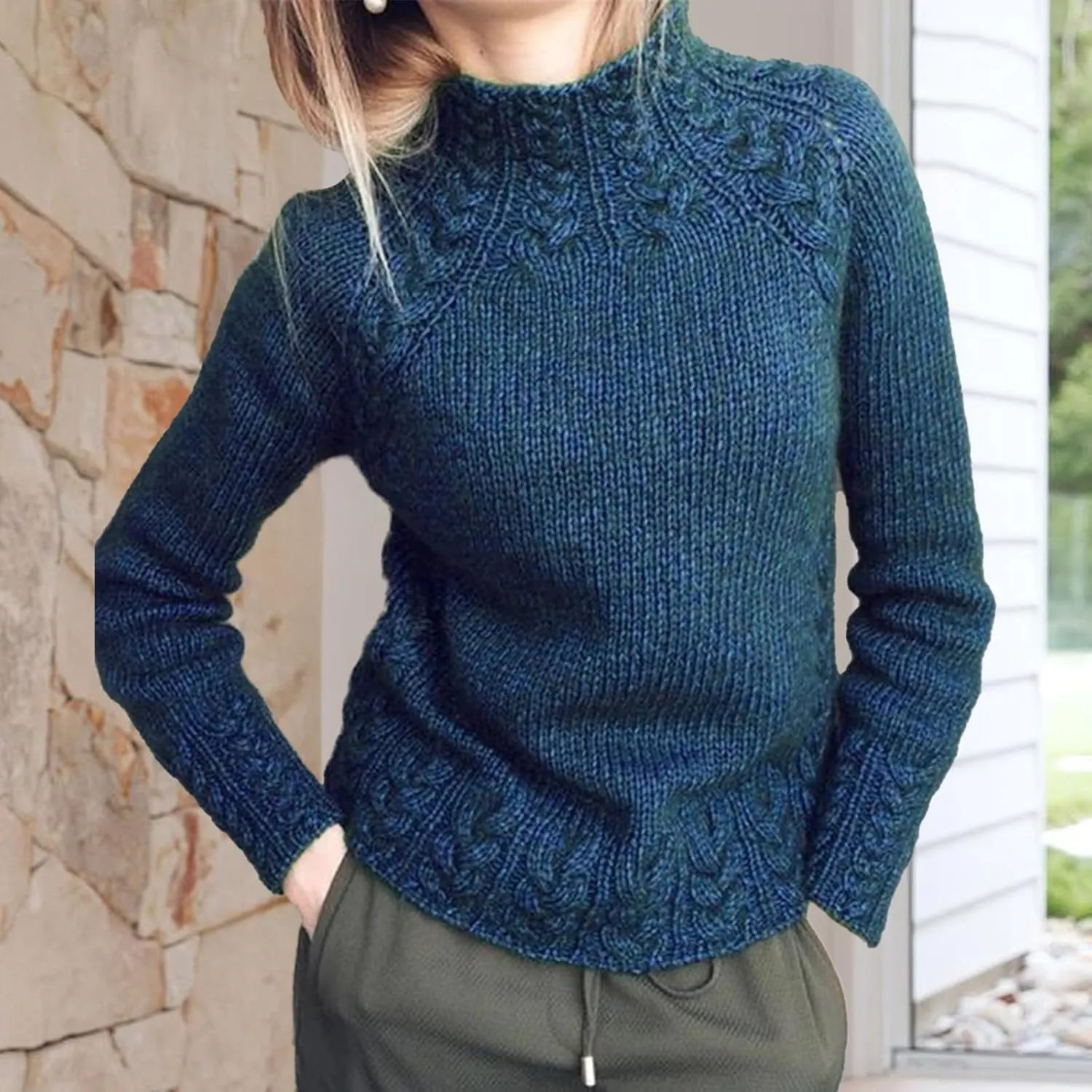 Turtleneck Sweater Women Vintage Cable Knitted Sweaters Long Sleeve Casual Pullover Sweaters