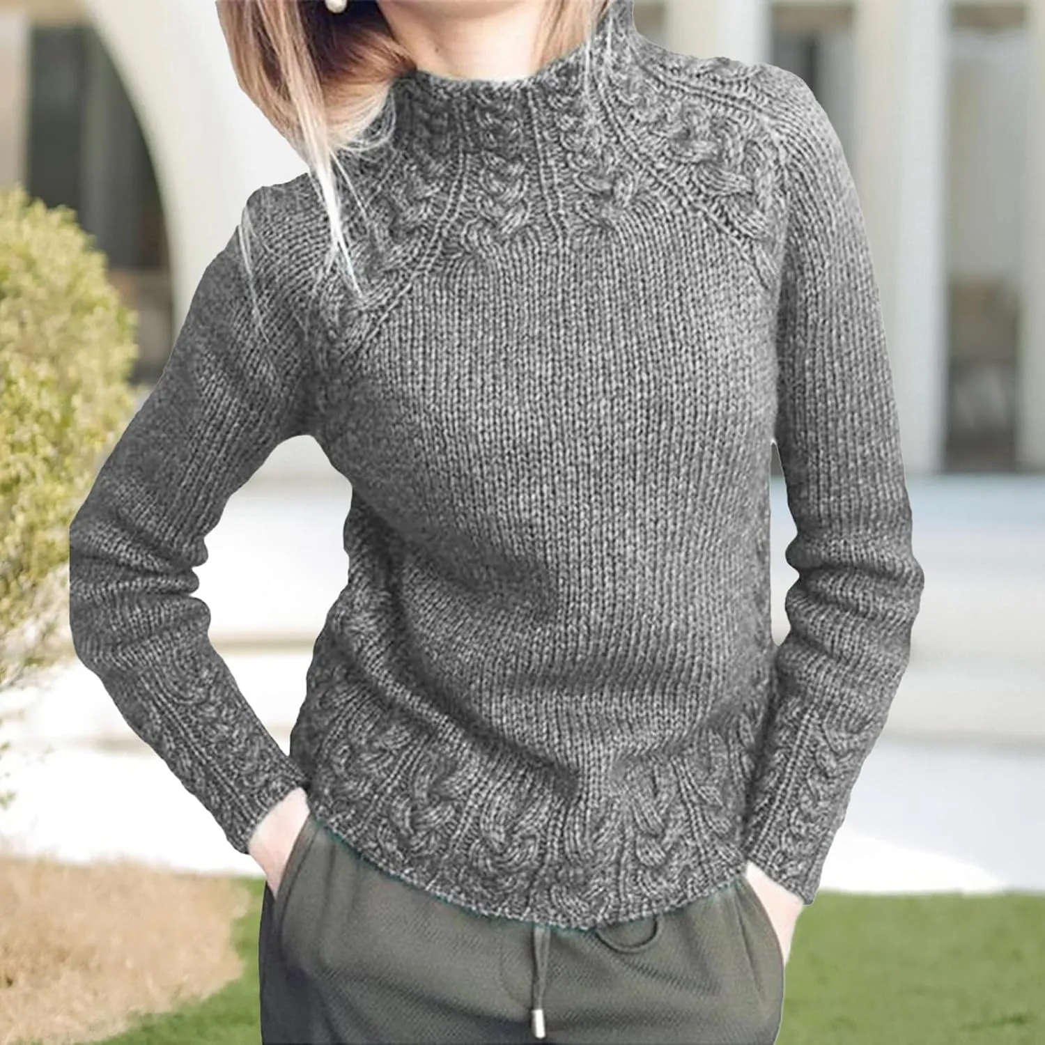 Turtleneck Sweater Women Vintage Cable Knitted Sweaters Long Sleeve Casual Pullover Sweaters
