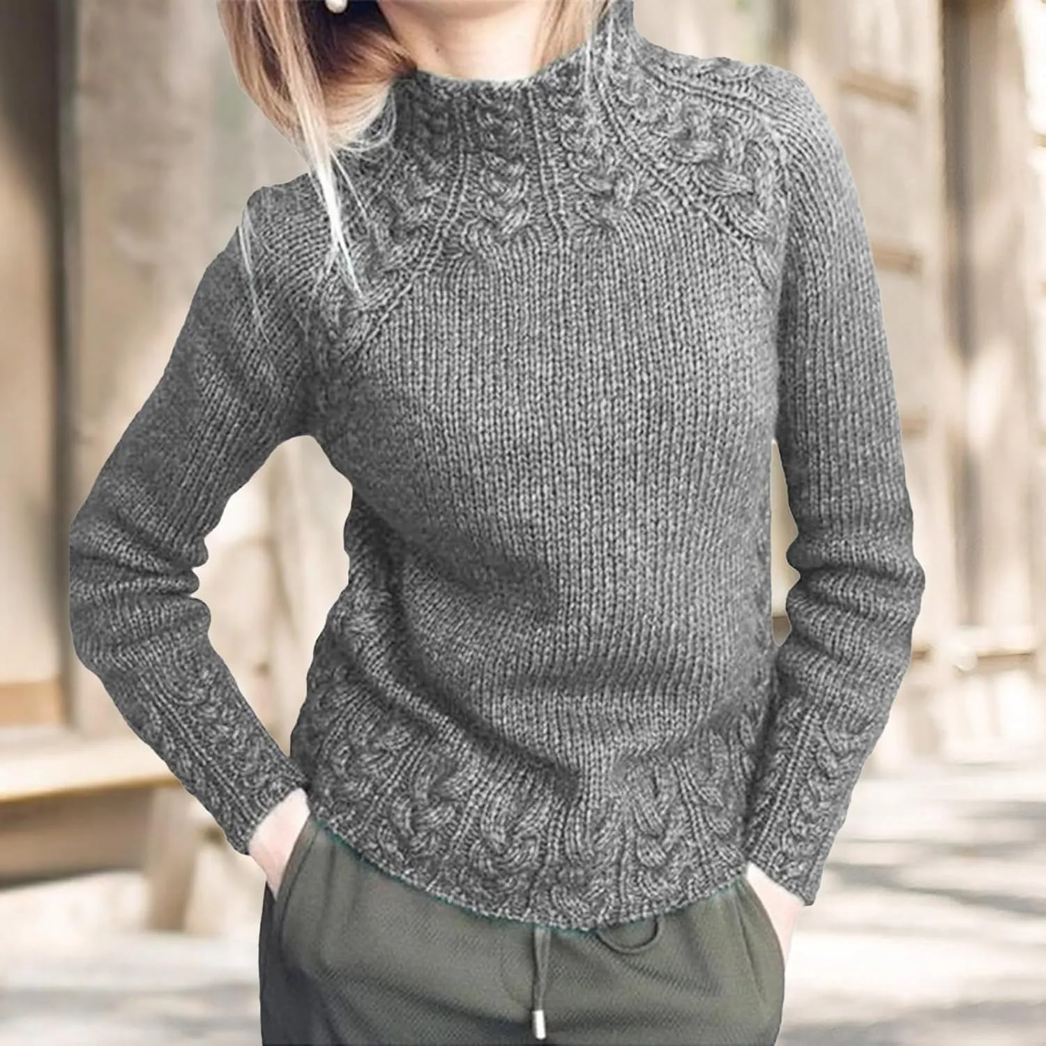 Turtleneck Sweater Women Vintage Cable Knitted Sweaters Long Sleeve Casual Pullover Sweaters