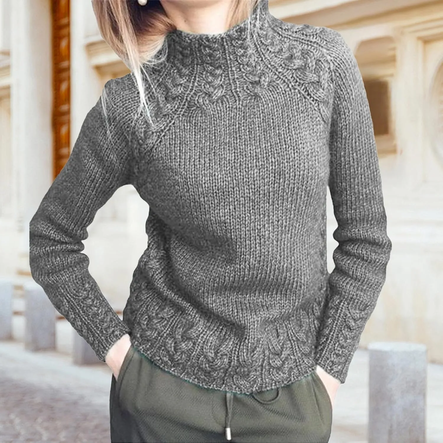 Turtleneck Sweater Women Vintage Cable Knitted Sweaters Long Sleeve Casual Pullover Sweaters