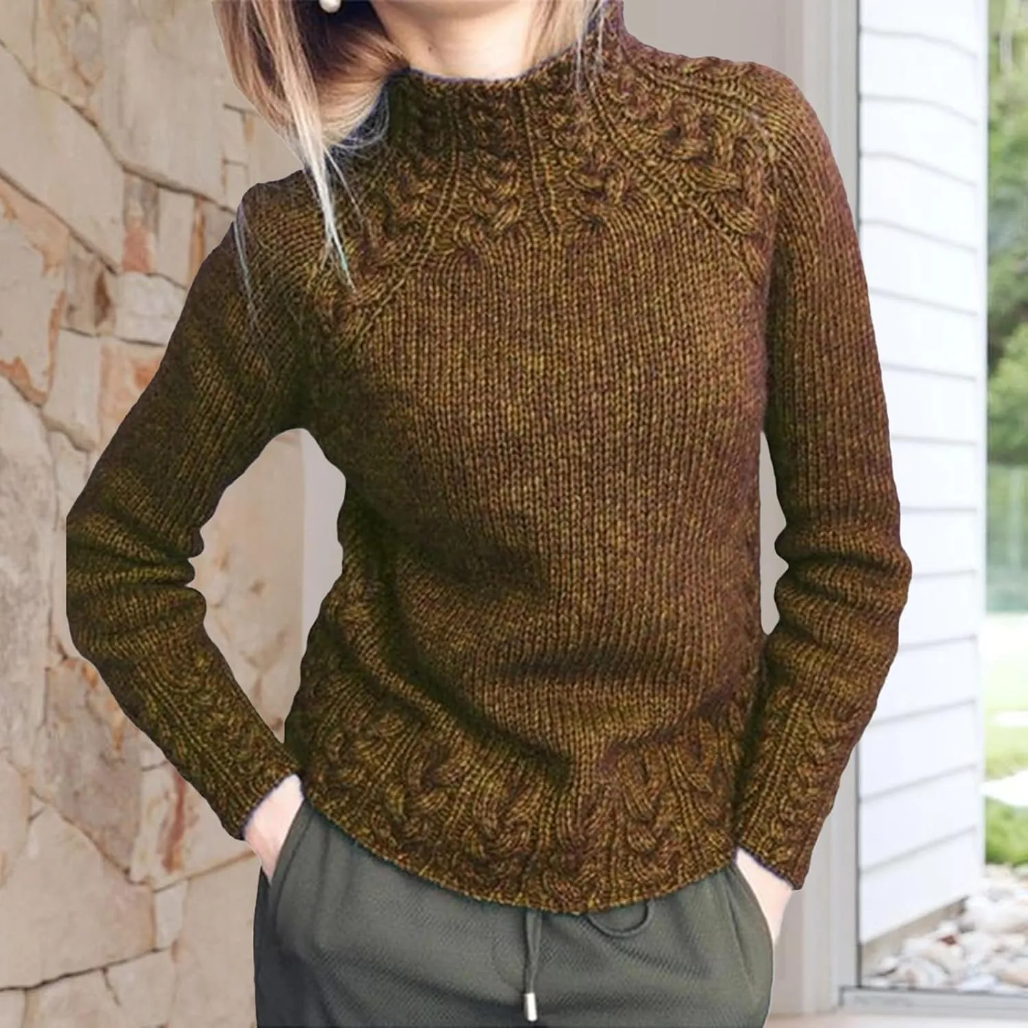 Turtleneck Sweater Women Vintage Cable Knitted Sweaters Long Sleeve Casual Pullover Sweaters