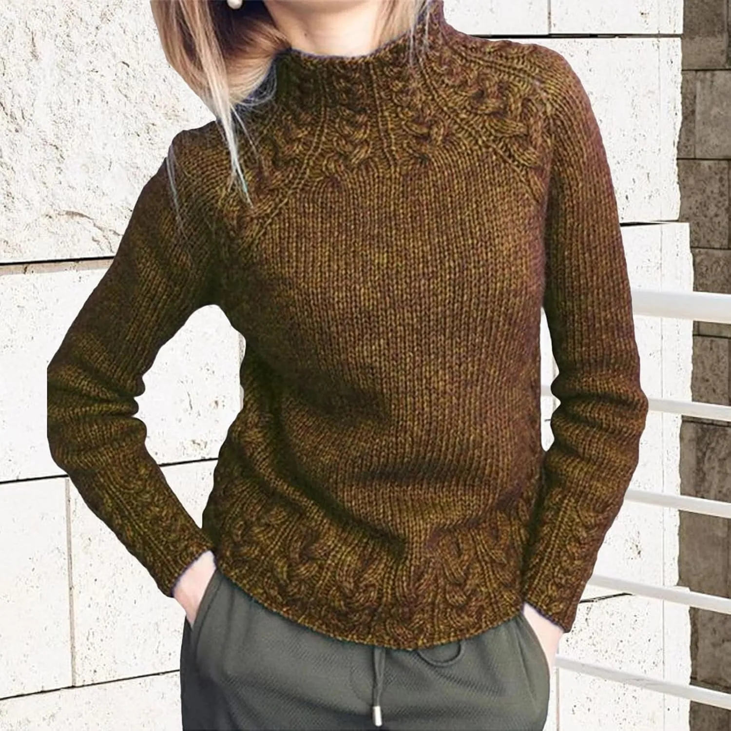 Turtleneck Sweater Women Vintage Cable Knitted Sweaters Long Sleeve Casual Pullover Sweaters