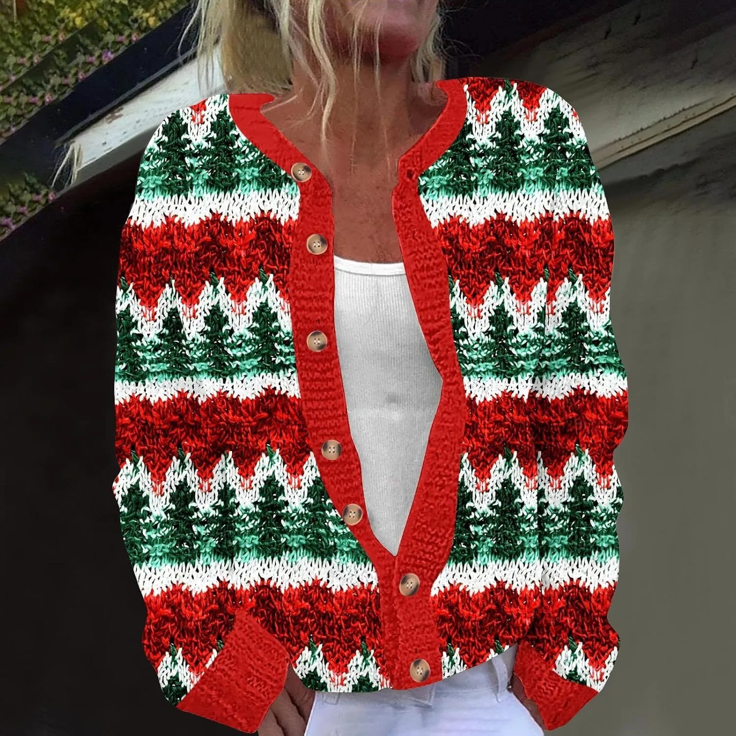 Ugly Christmas Cardigan Sweater for Women Oversized Knit Open Front Tops Xmas Print Button Down Cardigan
