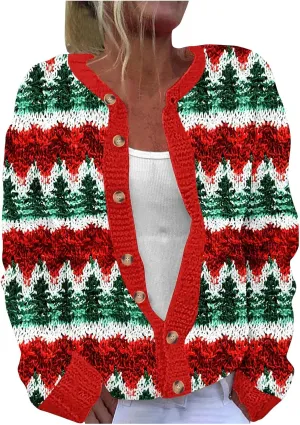 Ugly Christmas Cardigan Sweater for Women Oversized Knit Open Front Tops Xmas Print Button Down Cardigan