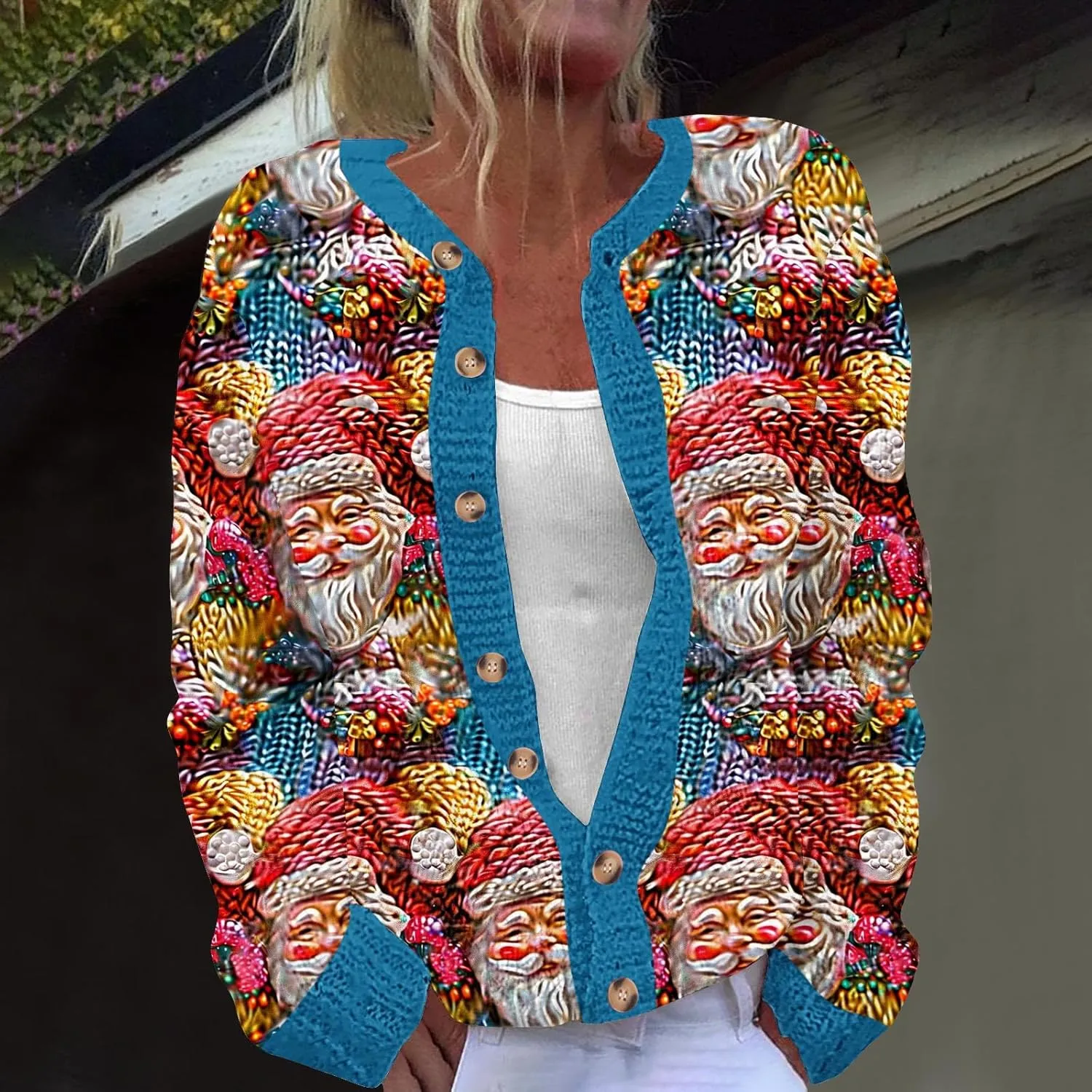 Ugly Christmas Cardigan Sweater for Women Oversized Knit Open Front Tops Xmas Print Button Down Cardigan