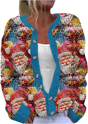 Ugly Christmas Cardigan Sweater for Women Oversized Knit Open Front Tops Xmas Print Button Down Cardigan