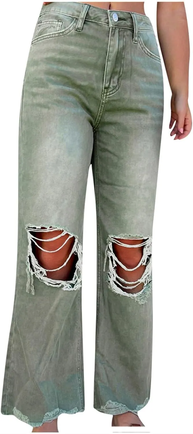 Uillui Bell Bottom Jeans for Women Fashion Ripped Hole Raw Hem Denim Flare Pants High Waisted Distressed Jeans Bootcut Jeans