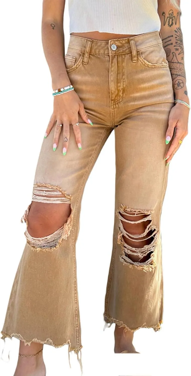 Uillui Bell Bottom Jeans for Women Fashion Ripped Hole Raw Hem Denim Flare Pants High Waisted Distressed Jeans Bootcut Jeans