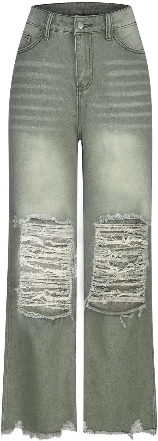 Uillui Bell Bottom Jeans for Women Fashion Ripped Hole Raw Hem Denim Flare Pants High Waisted Distressed Jeans Bootcut Jeans