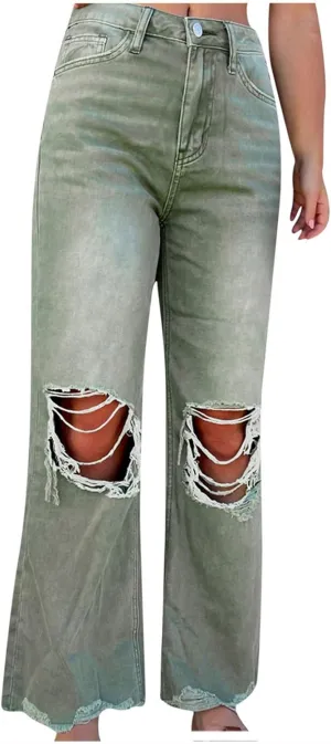Uillui Bell Bottom Jeans for Women Fashion Ripped Hole Raw Hem Denim Flare Pants High Waisted Distressed Jeans Bootcut Jeans