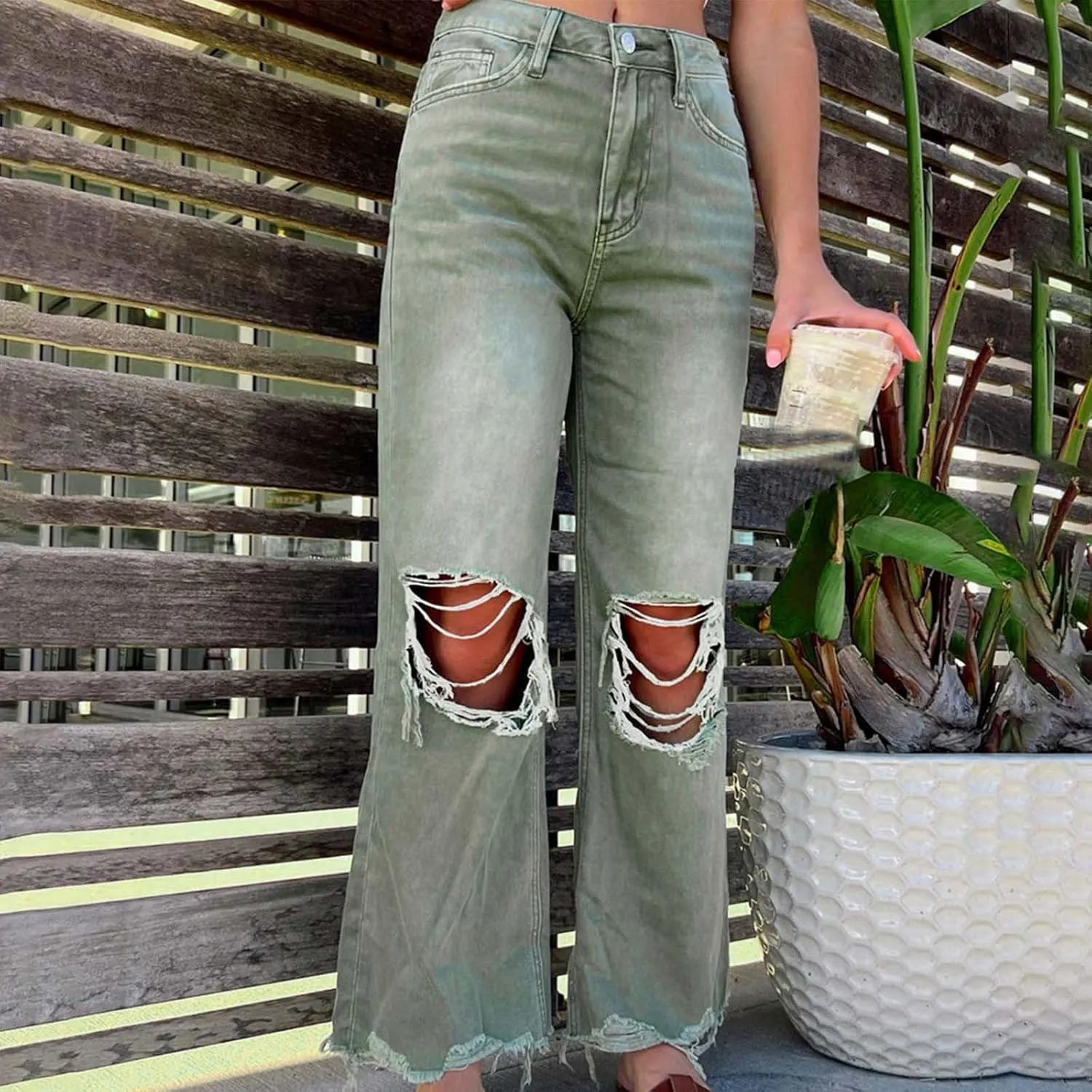 Uillui Bell Bottom Jeans for Women Fashion Ripped Hole Raw Hem Denim Flare Pants High Waisted Distressed Jeans Bootcut Jeans