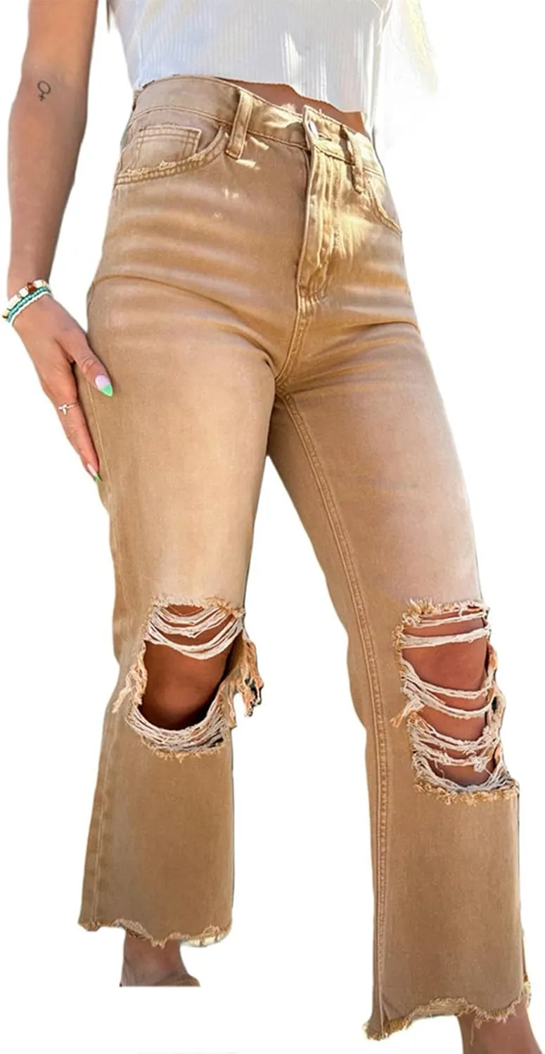 Uillui Bell Bottom Jeans for Women Fashion Ripped Hole Raw Hem Denim Flare Pants High Waisted Distressed Jeans Bootcut Jeans
