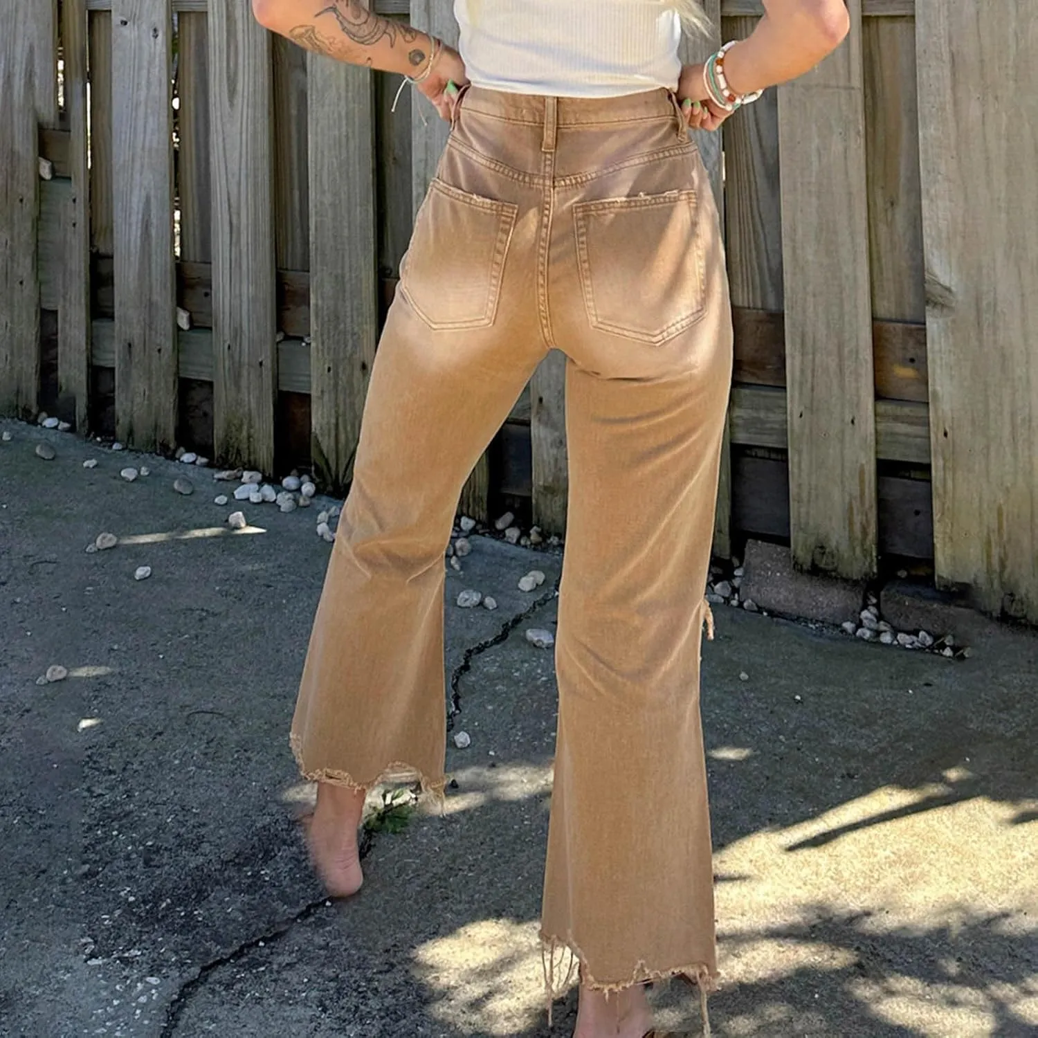 Uillui Bell Bottom Jeans for Women Fashion Ripped Hole Raw Hem Denim Flare Pants High Waisted Distressed Jeans Bootcut Jeans