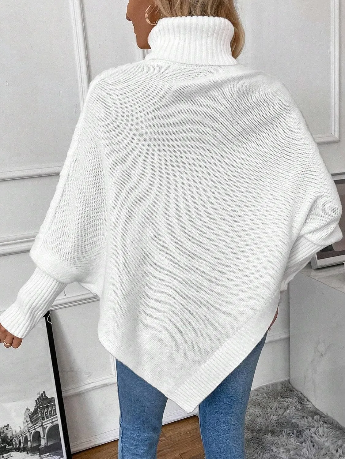 Urchics Casual Sweater Turtleneck Batwing Sleeve Asymmetrical Hem Cable Knit Poncho