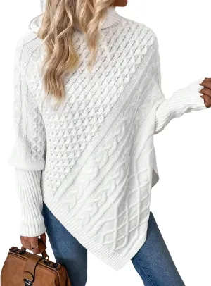 Urchics Casual Sweater Turtleneck Batwing Sleeve Asymmetrical Hem Cable Knit Poncho