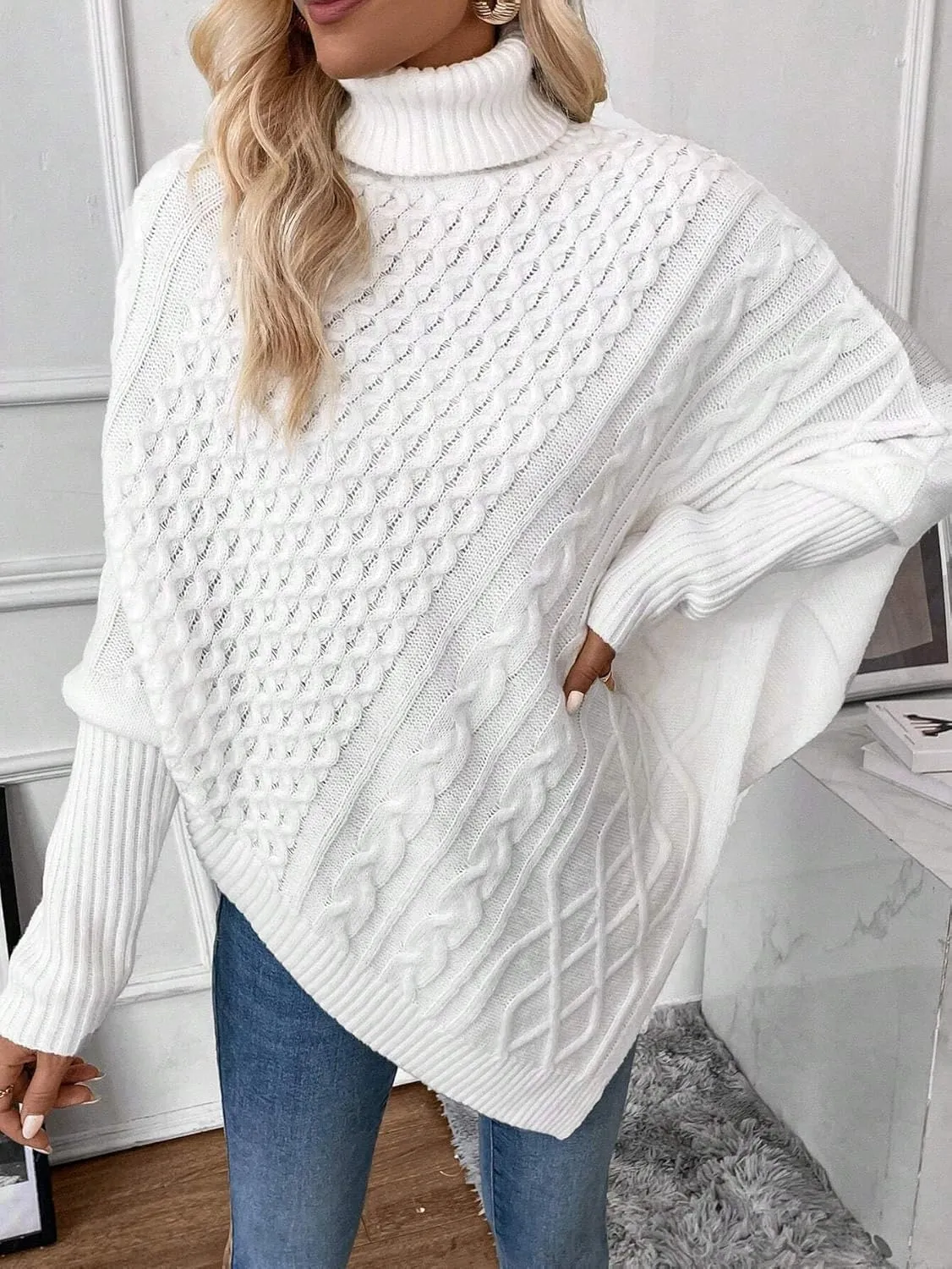 Urchics Casual Sweater Turtleneck Batwing Sleeve Asymmetrical Hem Cable Knit Poncho