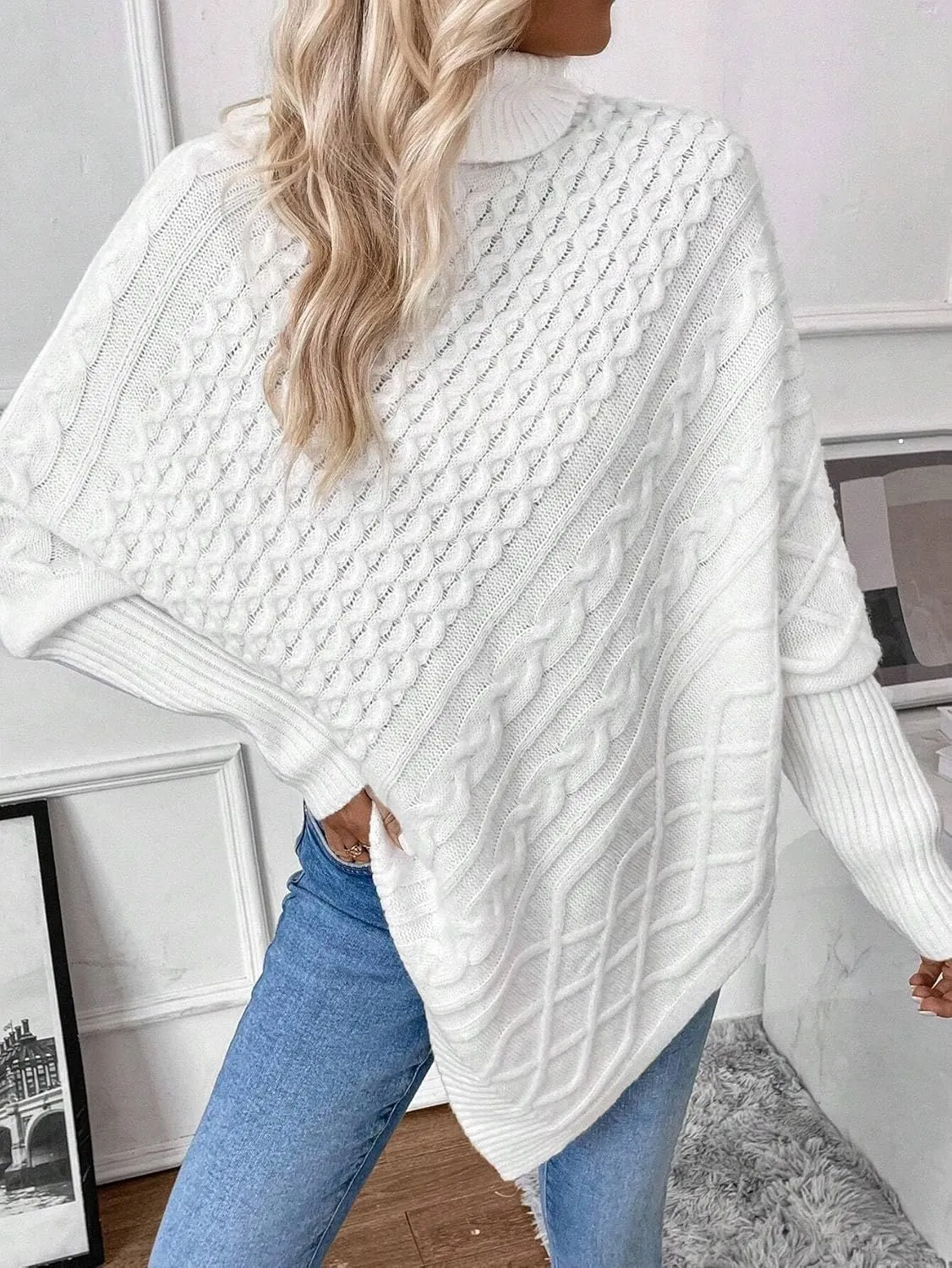 Urchics Casual Sweater Turtleneck Batwing Sleeve Asymmetrical Hem Cable Knit Poncho