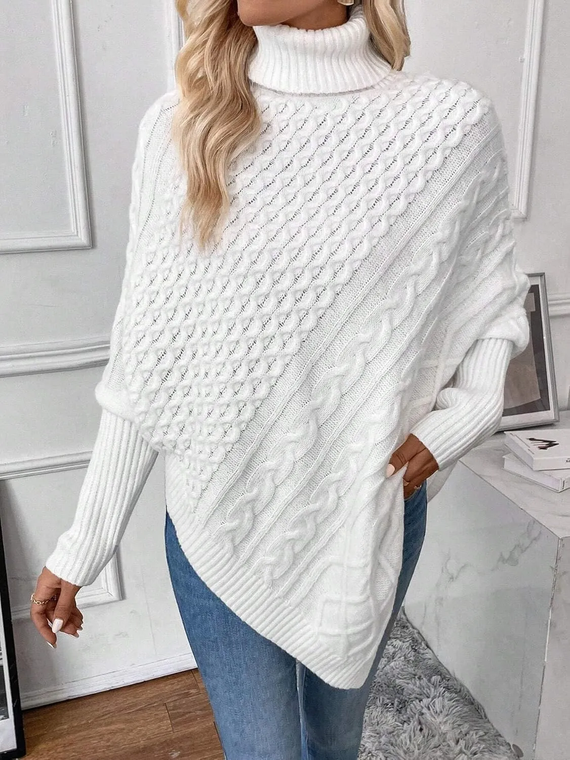 Urchics Casual Sweater Turtleneck Batwing Sleeve Asymmetrical Hem Cable Knit Poncho