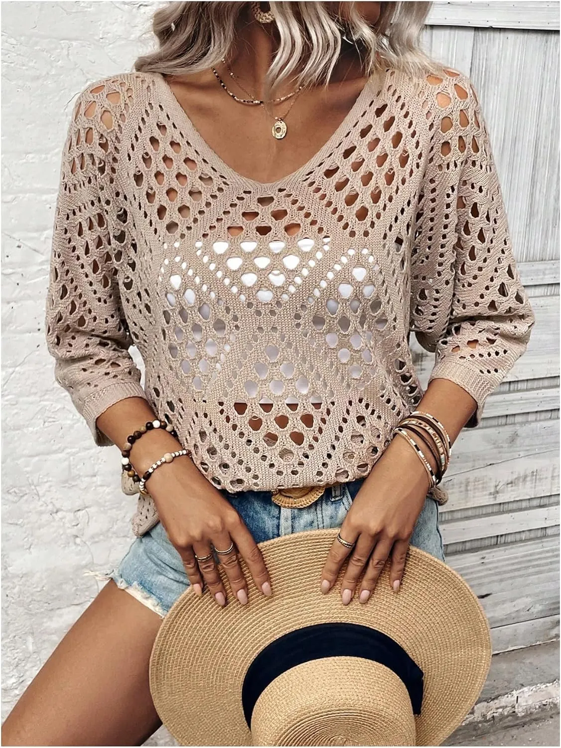 Verdusa 3/4 Length Sleeve Womens Tops Off The Shoulder Going Out Tops Summer Sweater