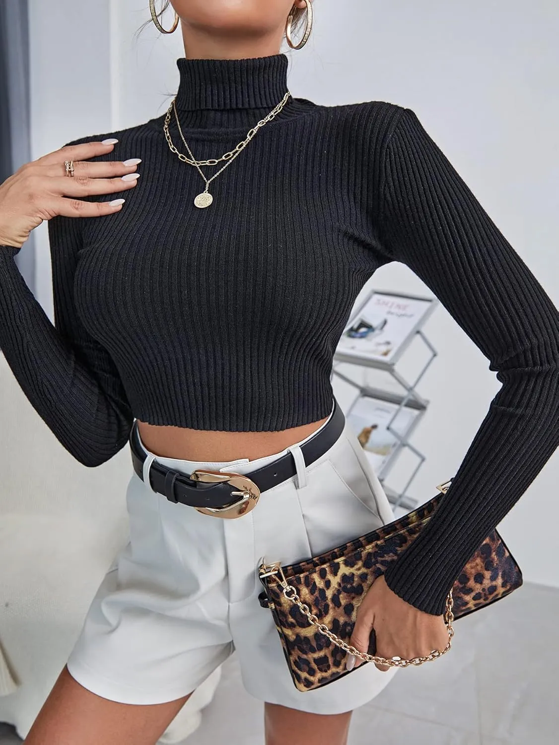 Verdusa Women's High Neck Rib Knit Solid Crop Sweater Long Sleeve Pullovers