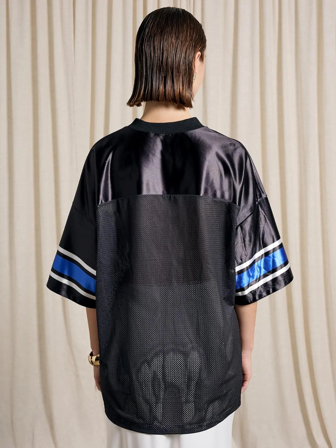 Verdusa Women's Jersey Shirts Short Sleeve Oversized Tops Mesh Crew Neck Letter Graphic Tee Tops