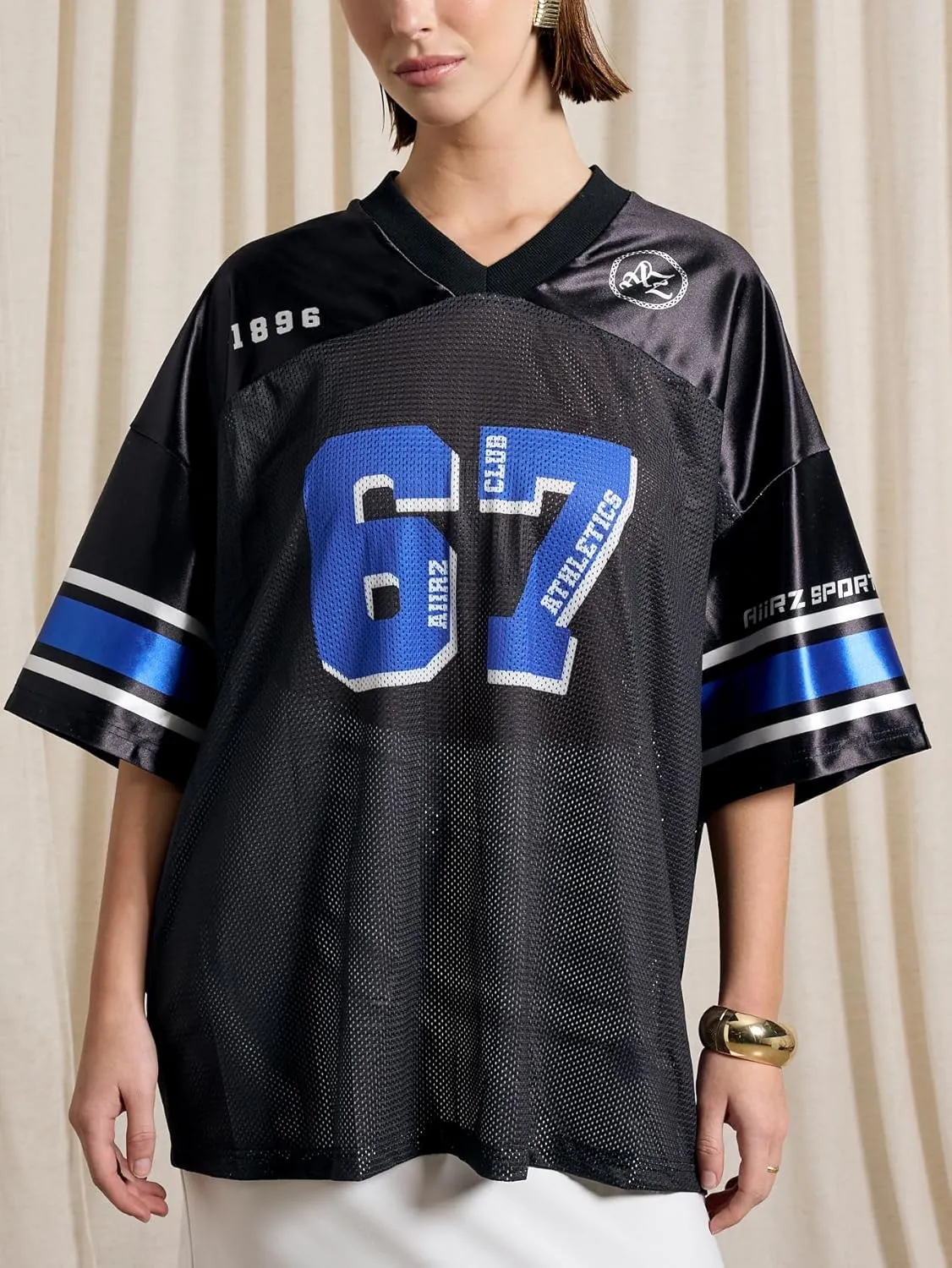 Verdusa Women's Jersey Shirts Short Sleeve Oversized Tops Mesh Crew Neck Letter Graphic Tee Tops