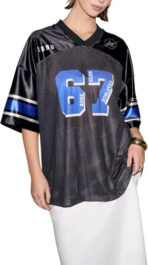 Verdusa Women's Jersey Shirts Short Sleeve Oversized Tops Mesh Crew Neck Letter Graphic Tee Tops