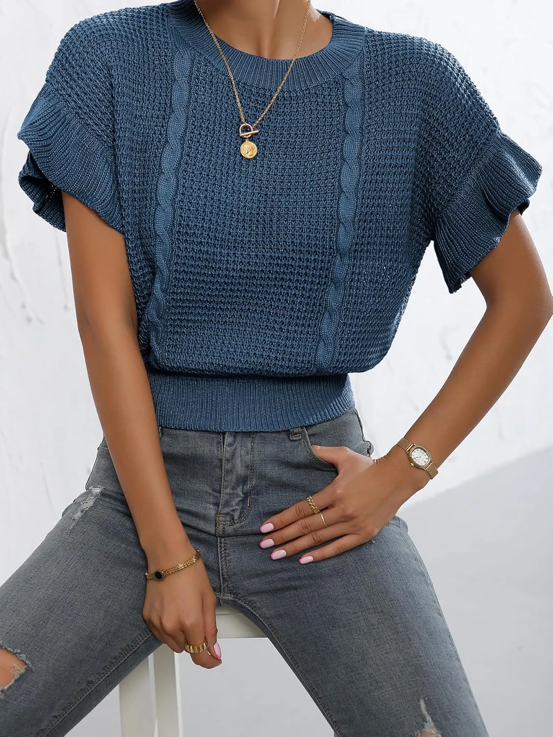 Verdusa Women's Ruffled Short Sleeve Round Neck Knitted Top Pullovers Sweater