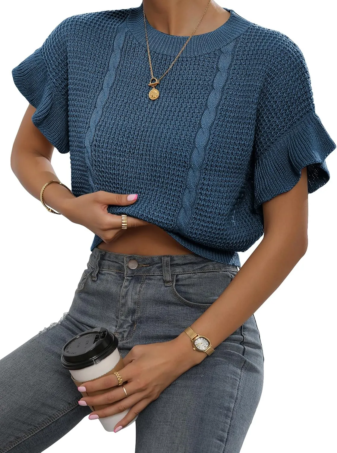 Verdusa Women's Ruffled Short Sleeve Round Neck Knitted Top Pullovers Sweater