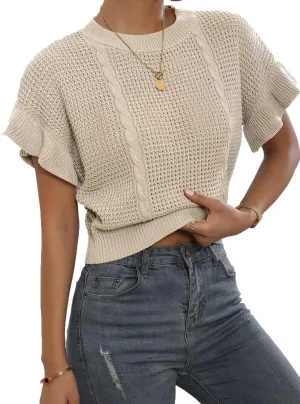 Verdusa Women's Ruffled Short Sleeve Round Neck Knitted Top Pullovers Sweater