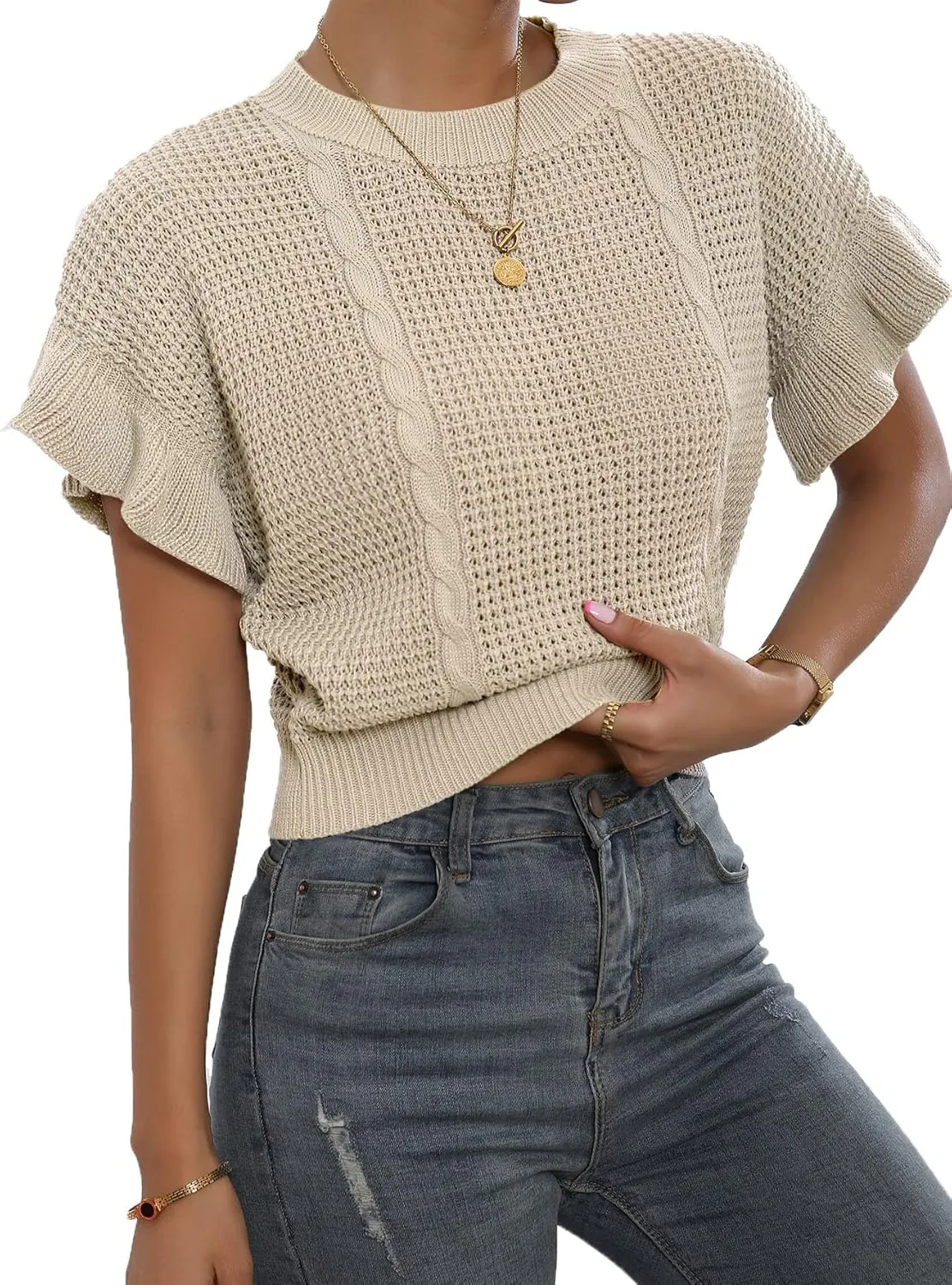 Verdusa Women's Ruffled Short Sleeve Round Neck Knitted Top Pullovers Sweater