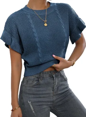 Verdusa Women's Ruffled Short Sleeve Round Neck Knitted Top Pullovers Sweater