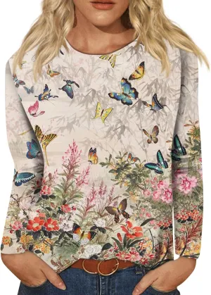 Vintage Tees for Women Women's Fashion Casual Round Neck Long Sleeve Printed T-Shirt Top