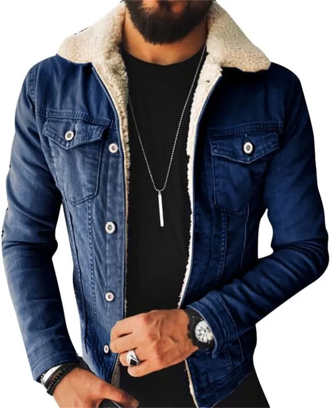 VIVICOLOR Mens Sherpa Fleece Denim Coat Men's Fur Lined Denim Trucker Jackets Sherpa Collar Lined Denim Jacket