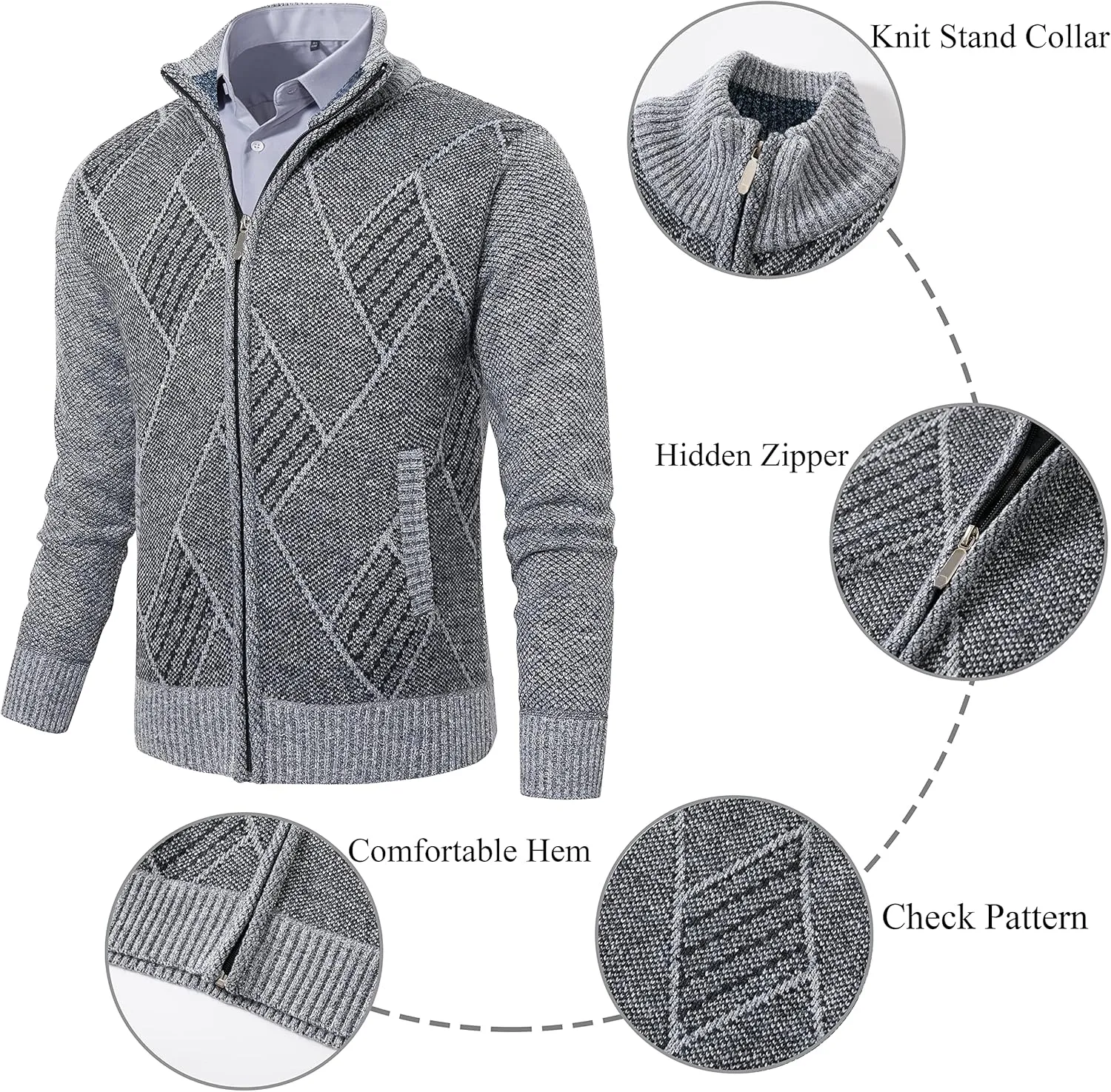 VtuAOL Men's Cardigan Sweaters Casual Full Zip Sweaters Knitted Cardigan with Pockets